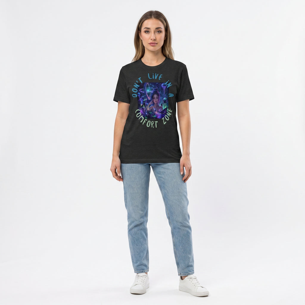 Studio photo of Unisex t-shirt Upper body shot from chest up, facing camera, natural expression, shoulders relaxed. CAMERA SHOT: A FULL BODY shot capturing the person from head to toe. [Upper body focus]