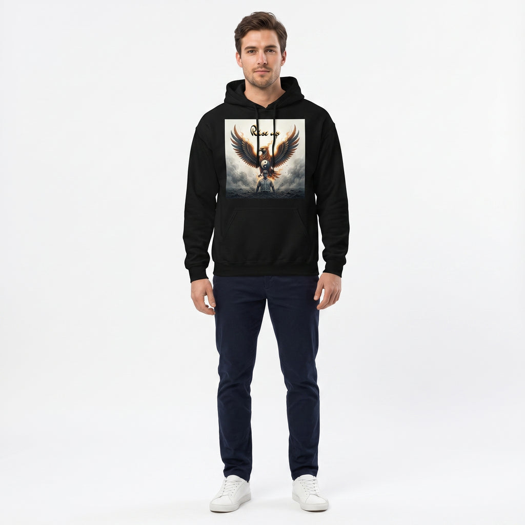 Studio photo of Unisex Hoodie Upper body shot from chest up, facing camera, natural expression, shoulders relaxed. CAMERA SHOT: A FULL BODY shot capturing the person from head to toe. [Full body]