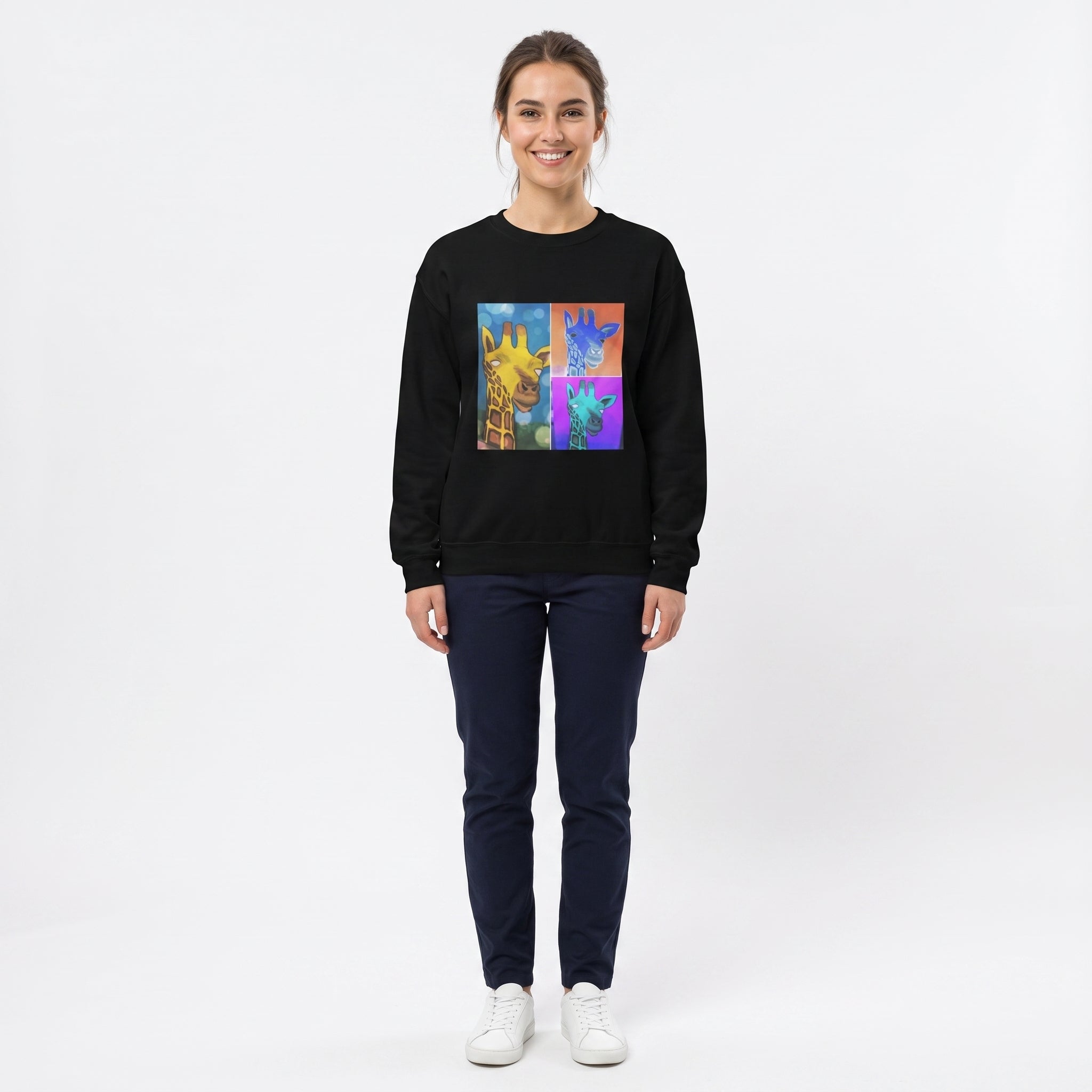 Studio photo of Unisex Sweatshirt Upper body shot from chest up, facing camera, natural expression, shoulders relaxed. CAMERA SHOT: A FULL BODY shot capturing the person from head to toe. [Full body]