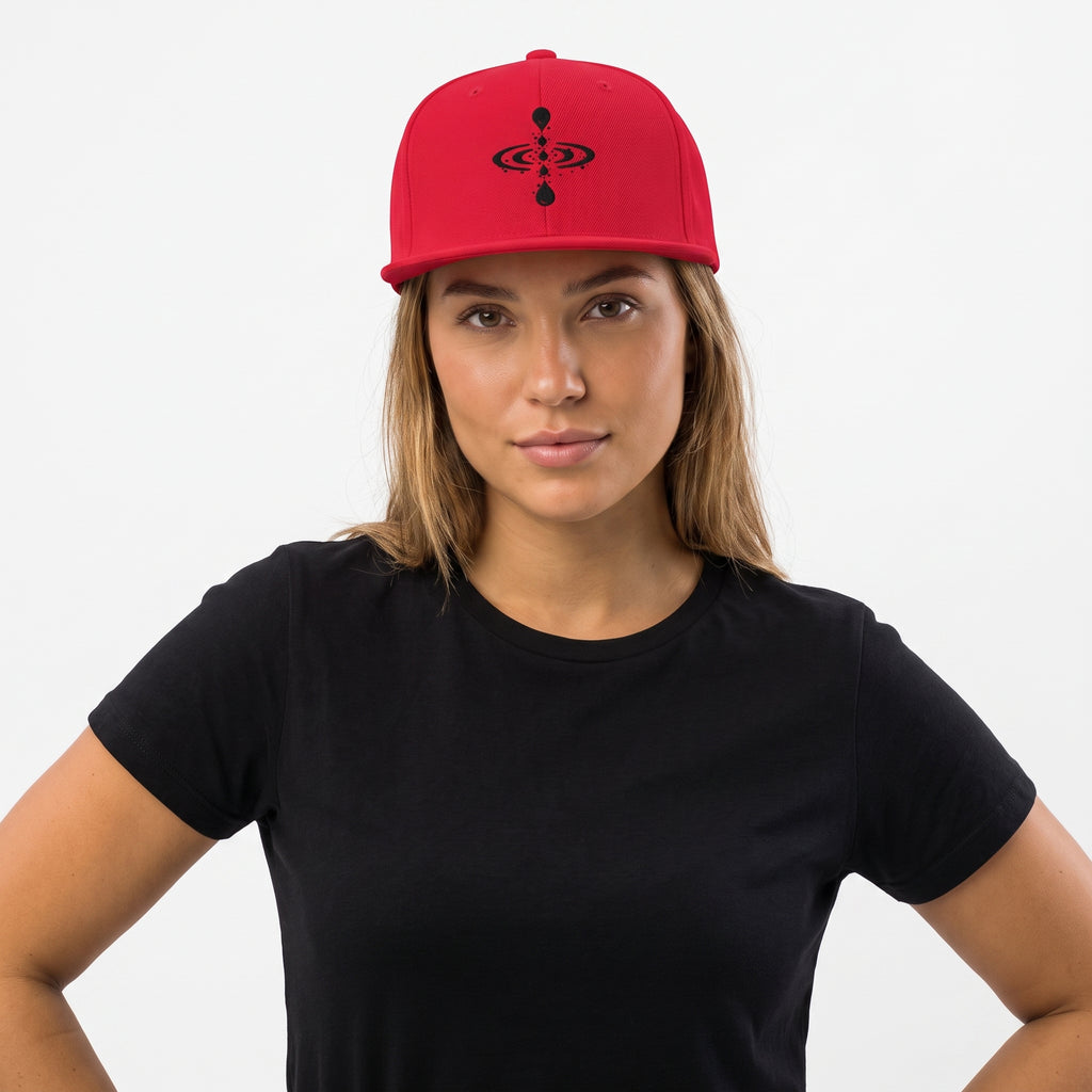 Studio photo of Snapback Hat Front face view wearing hat, looking at camera, hat brim visible. CAMERA SHOT: A FULL BODY shot capturing the person from head to toe. [Upper body focus]
