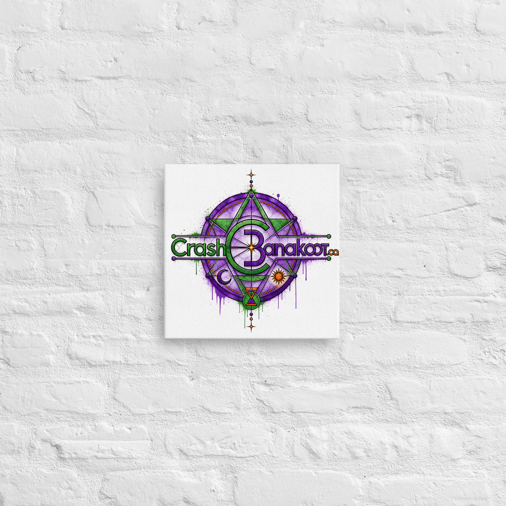 Thin canvas with built-in wall mounts, ready to hang; vibrant purple-green geometric design titled Crash Bangkok.