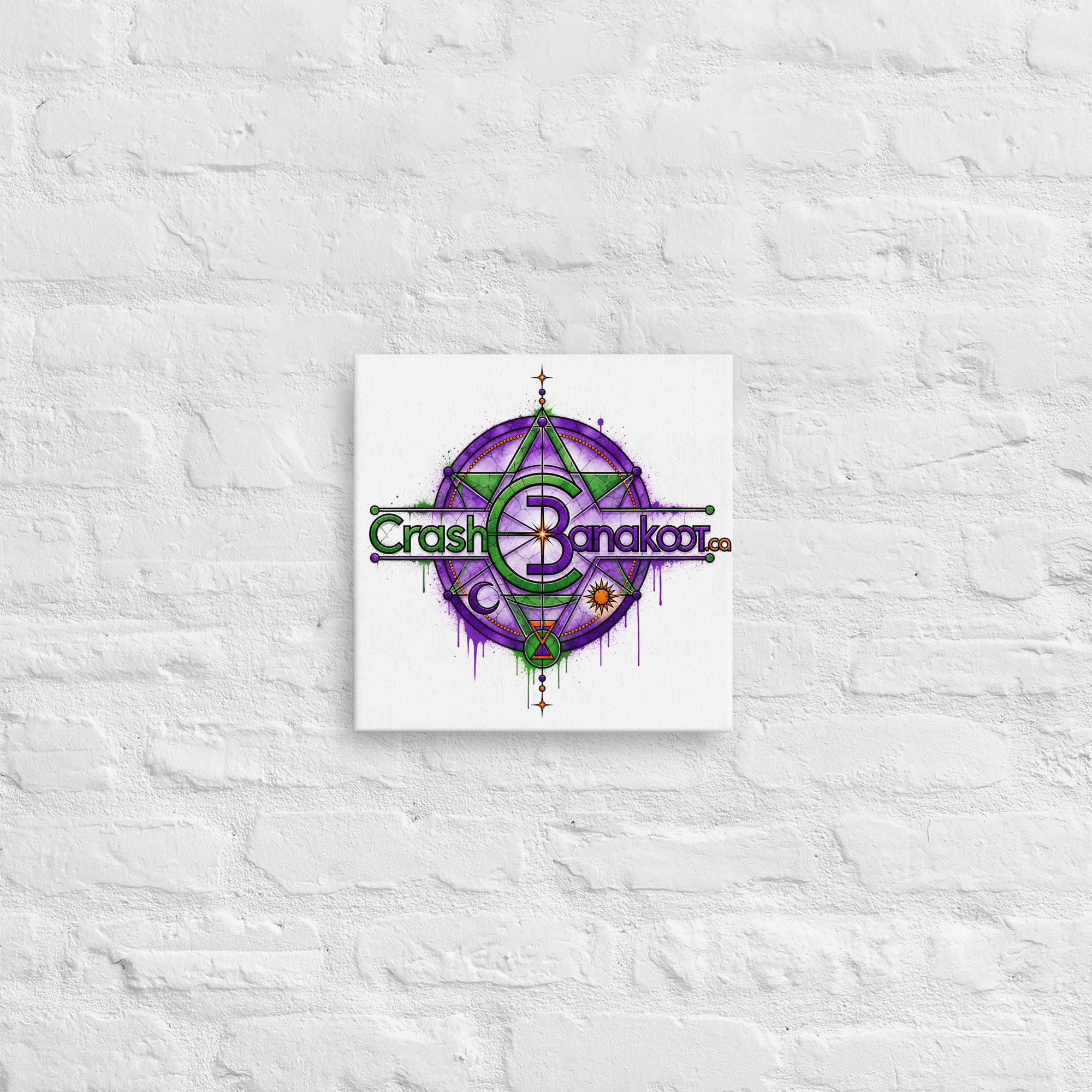 Thin canvas with built-in wall mounts, ready to hang; vibrant purple-green geometric design titled Crash Bangkok.