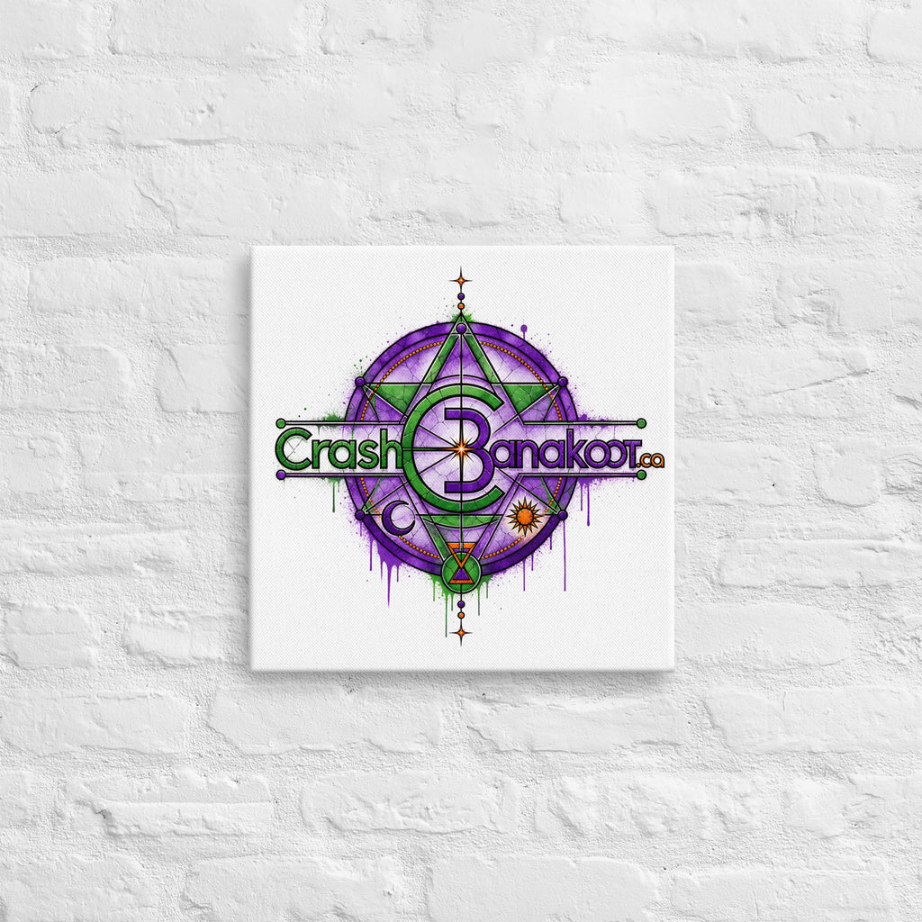 Thin canvas with built-in wall mounts, ready to hang; purple-green geometric mandala with CrashBangkok.ca text.