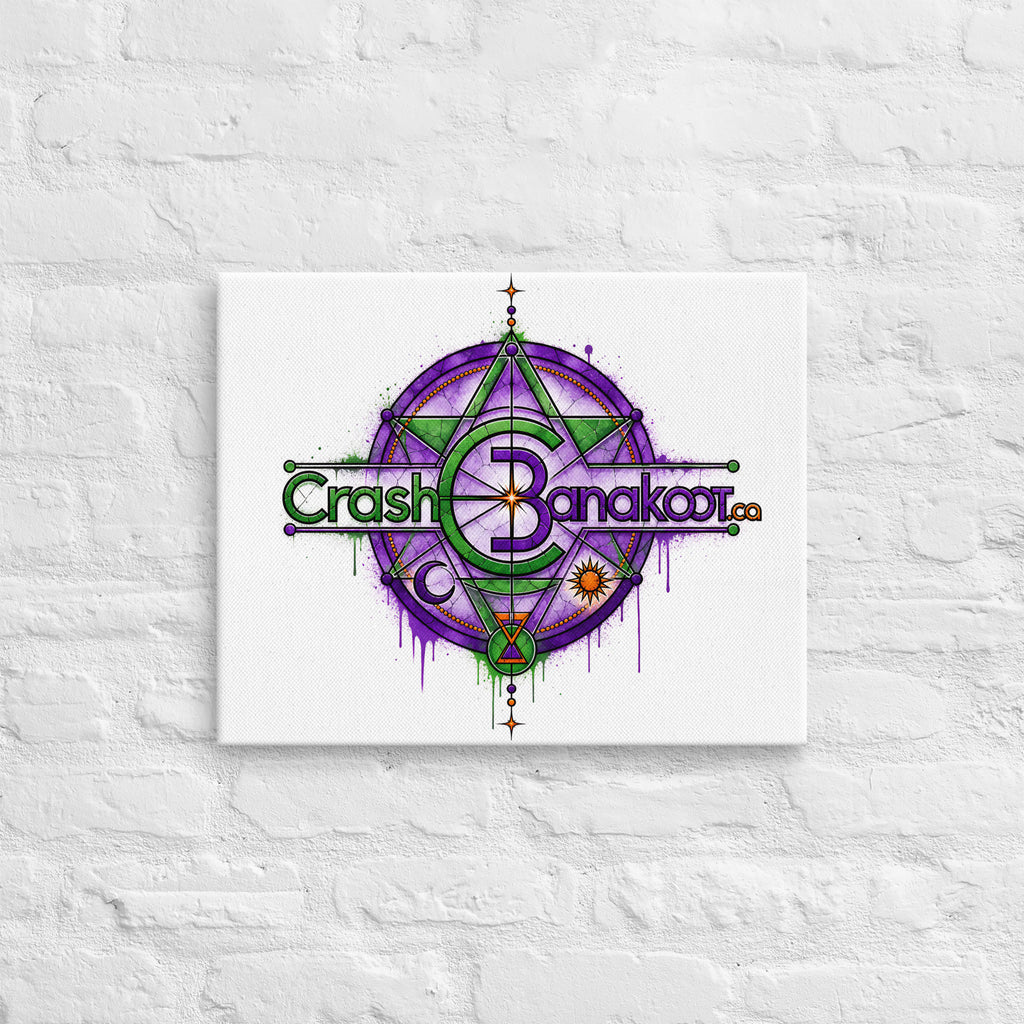 Slim canvas print with built-in wall mounts, ready to hang, featuring a vibrant purple and green geometric design.