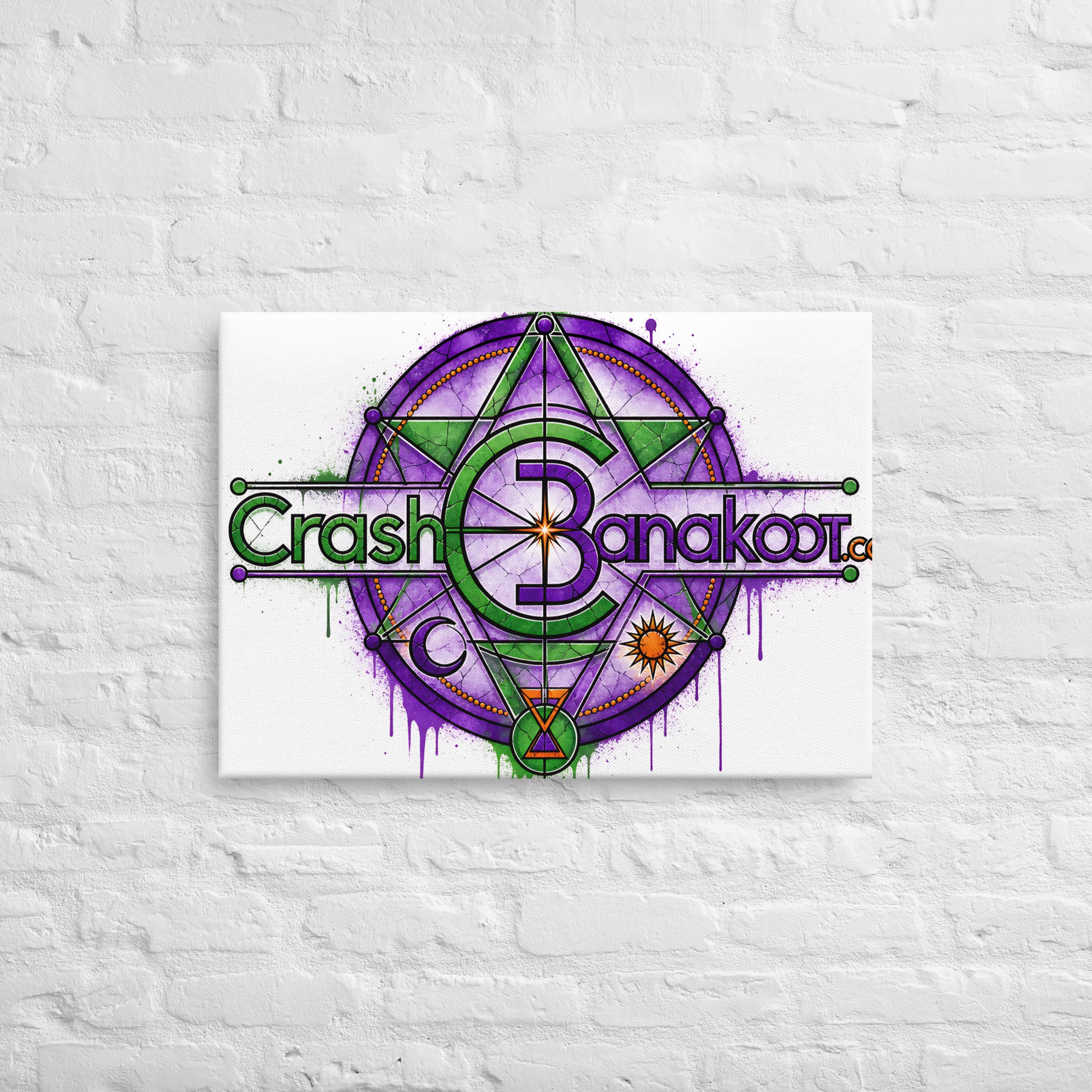 Slim canvas with built-in mounts; ready-to-hang wall art featuring a vibrant purple and green geometric mandala.