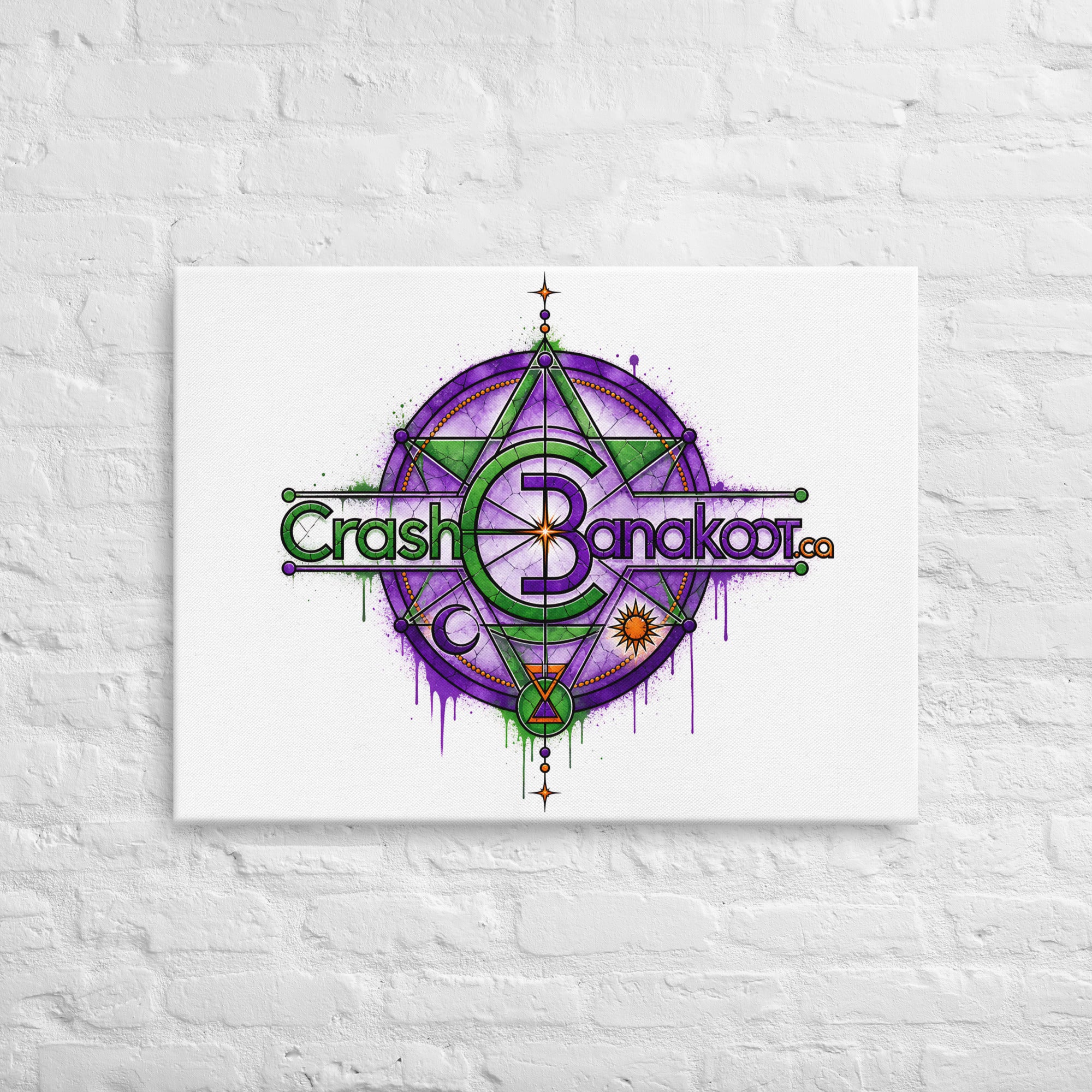 Thin canvas with built-in wall mounts—ready to hang; rubber pads protect walls, purple-green geometric mandala art.