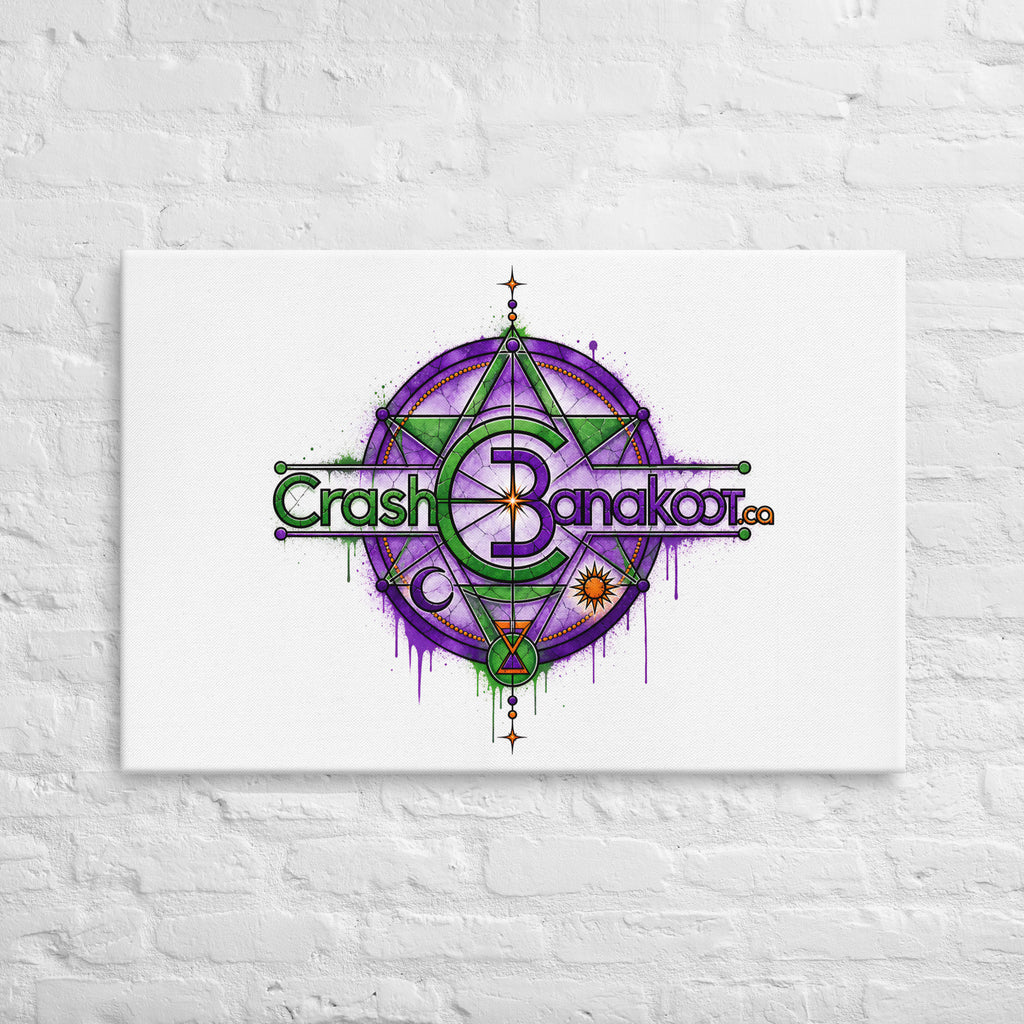 Thin canvas with built-in wall mounts, ready to hang, featuring a vibrant purple and green geometric design.