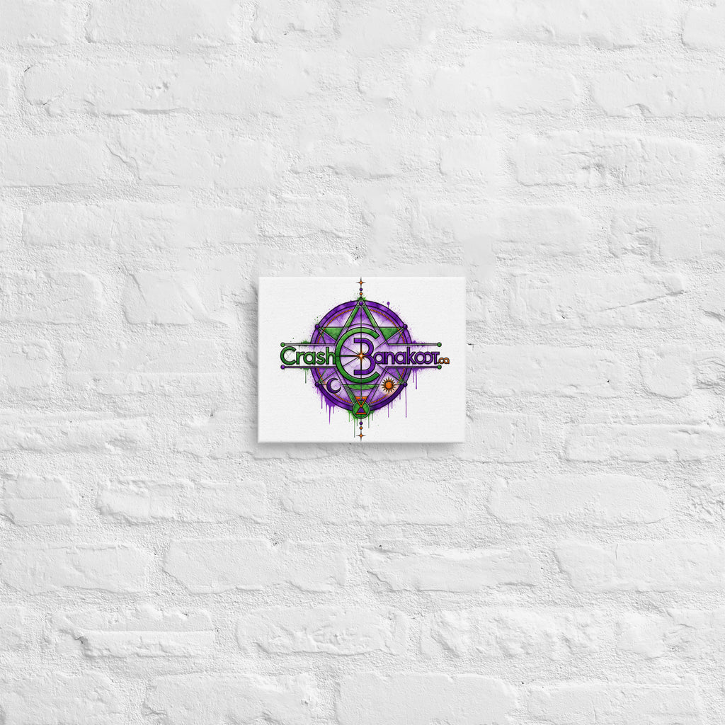 Slim canvas print with built-in wall mounts hung on a white brick wall; vibrant purple geometric mandala artwork.