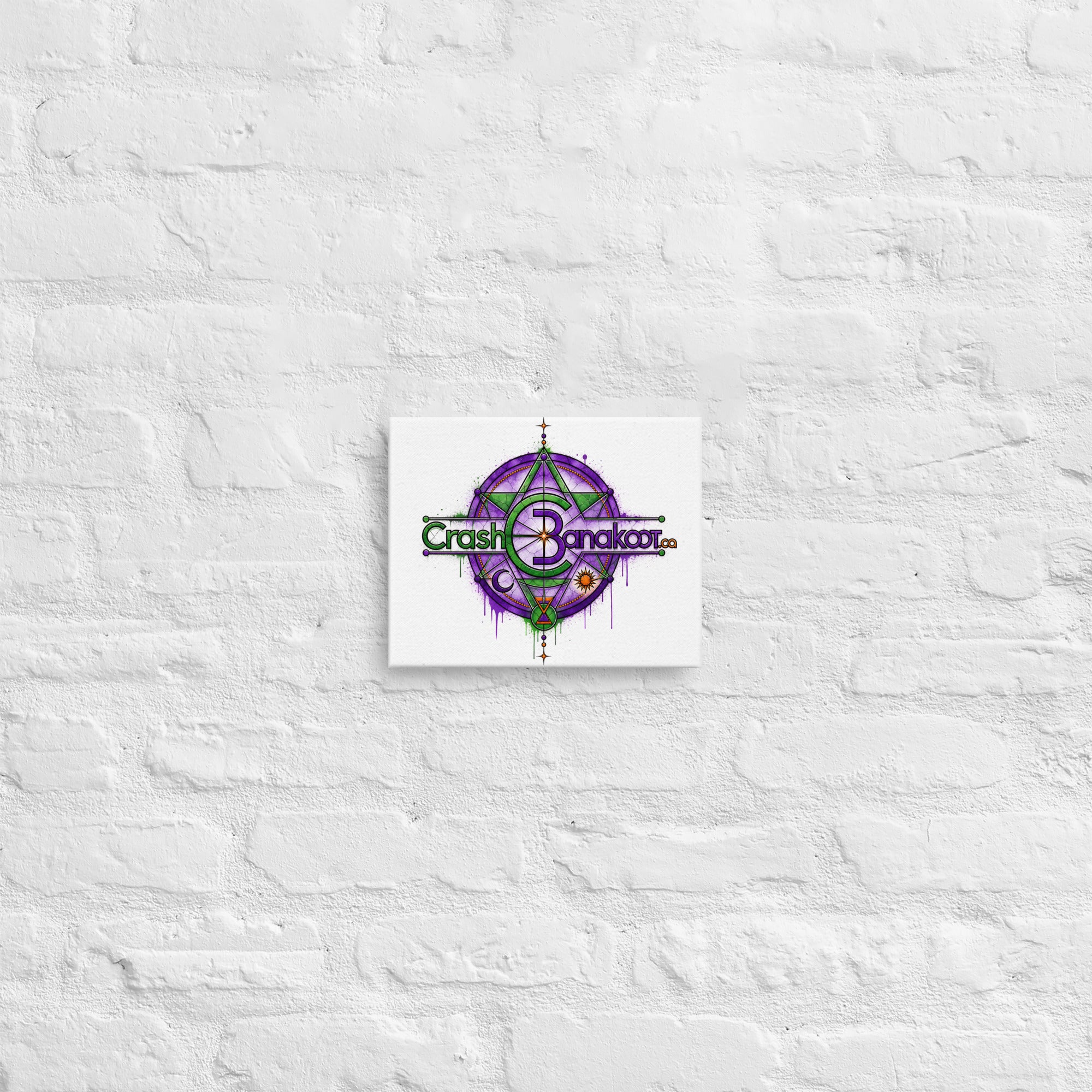 Slim canvas print with built-in wall mounts hung on a white brick wall; vibrant purple geometric mandala artwork.