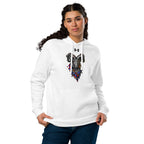 Model wearing white Under Armour hoodie with colorful ram graphic and plush fleece.